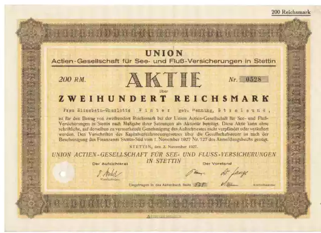 Union AG für See- und Fluß-Versicherungen Stettin / Szczecin  1927