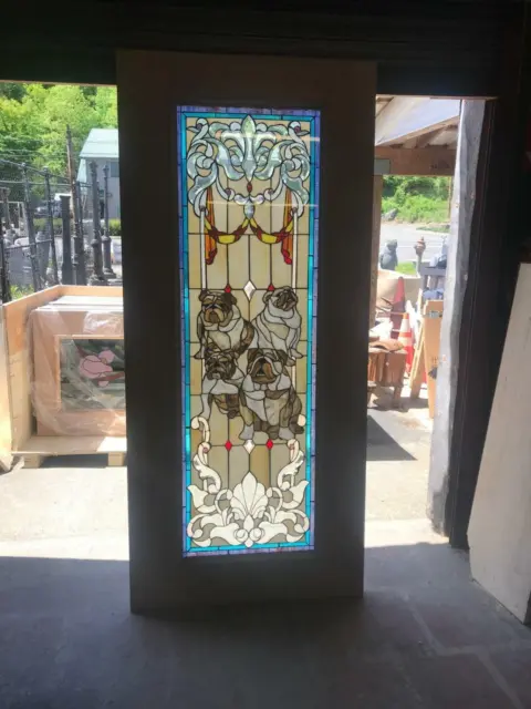 Great Hand Made Stained Leaded Glass Bull Dog Door Interior Or Exterior - Jbd59