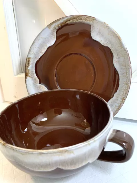 Large Soup Bowl & Saucer Brown Drip Glazed Vintage MCM Hand Made Pottery