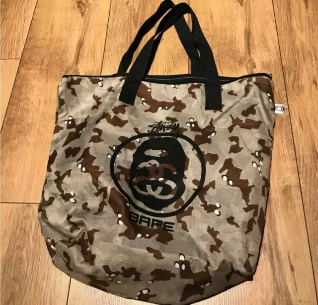 Rare A BATHING APE x STUSSY nylon tote bag desert camo zip vintage BAPE