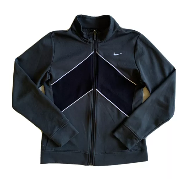 NIKE Girls Track Jacket Warm up Full Zip Logo Black Grey Gently Used LARGE
