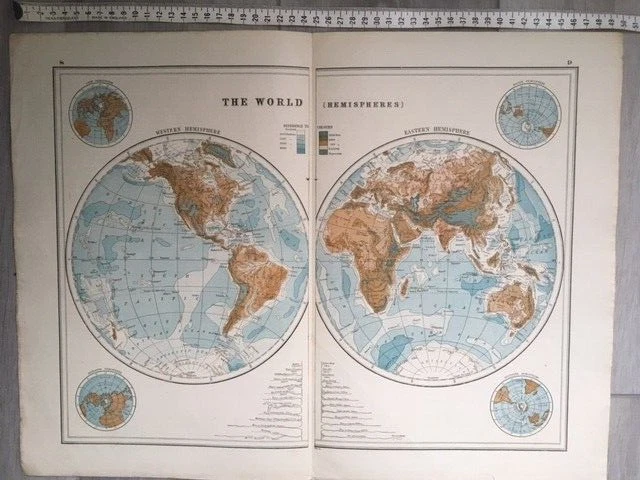 HARMSWORTH'S NEW ATLAS 1920s map of The World hemispheres £12.99