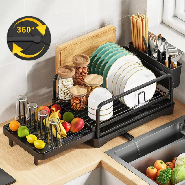 Dish Drainer Rack Kitchen Sink Drying Rack Bowl Plate Holder W/360° Drip Tray UK