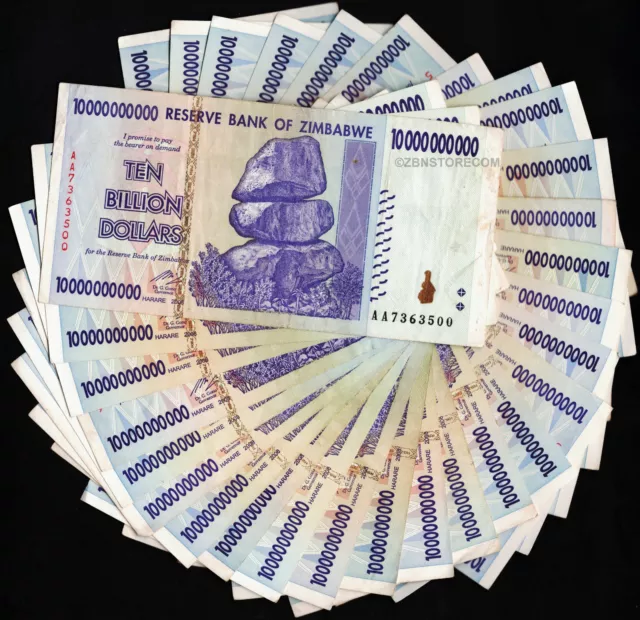 10 milliards de dollars zimbabwéens x 30 billets de banque AA À PARTIR DE 2008 monnaie véritable lot de 30 pièces