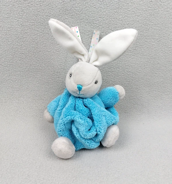 Doudou peluche lapin gris blanc boule bleu turquoise série plume 20 cm KALOO