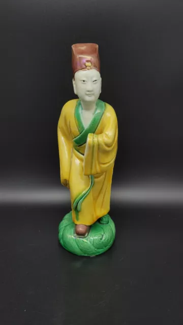 Antique Chinese Sancai Scholar Figure, Late Qing or Early Republic Period,  9"