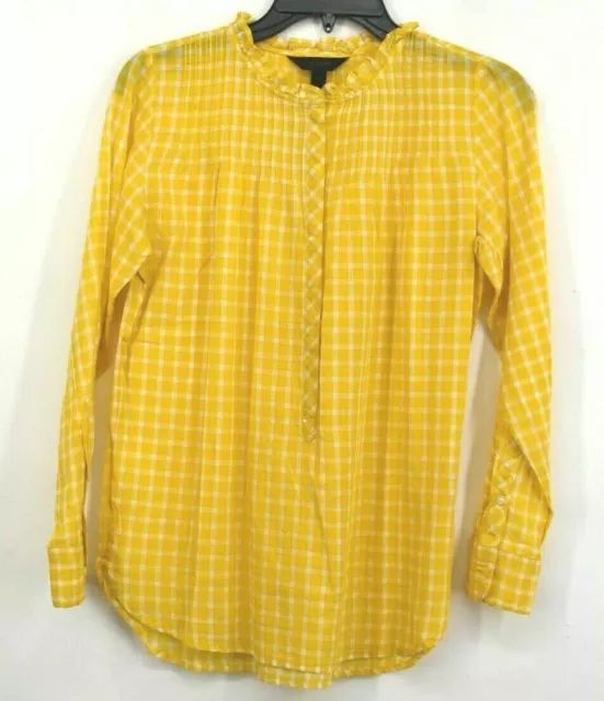 J Crew Womens Gingham Pleated Bib Ruffle Trim Shirt Yellow Plaid Half Button