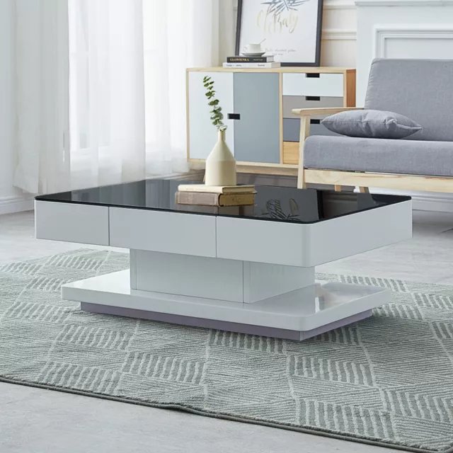 White High Gloss Coffee Table Black Glass Top Rectangular Living Room 2 Drawers