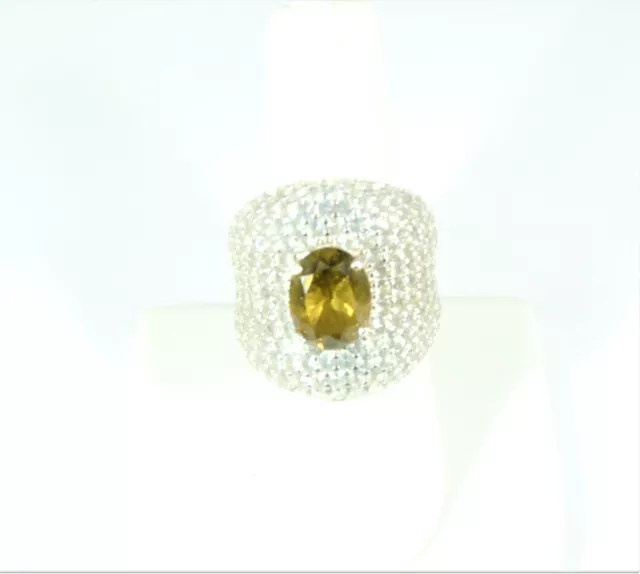 "WoW" CHAMPAGNE QUARTZ & WHITE TOPAZ  RHODIUM OVER 925 SS HUGE DOME RING SIZE 7 3