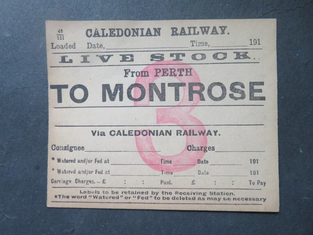 Vintage Unused Caledonian Railway Live Stock Wagon Label Perth to Montrose