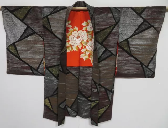 0618i09z850 Vintage Japanese Kimono Silk URUSHI HAORI Silver Black