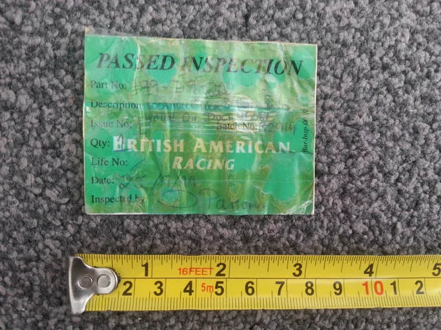 Certificato di ispezione British American Racing (BAR) 1999 (F1 Formula 1)