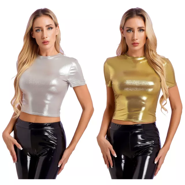 Womens Metallic Shiny Crop Tops Dance Tops Athletic Sports Short Sleeve T- Shirt