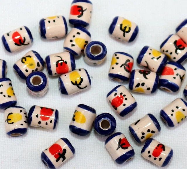 30 Keramik Perlen Peru: 7 mm Walze Zylinder weiß rot Chili Motiv Perle, Schmuck