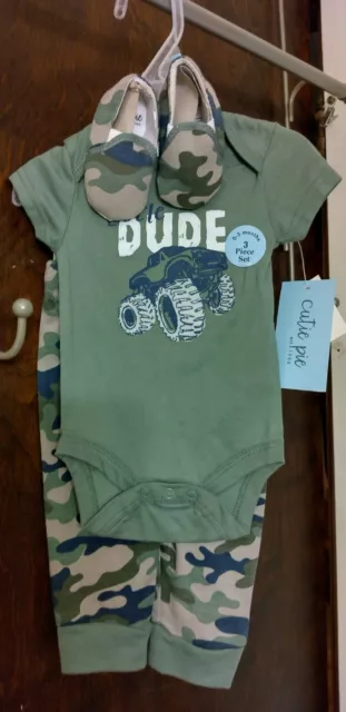 3 pc Infant Camouflage Boys Size 0-3 Months Set - "Little Dude" by Cutie Pie