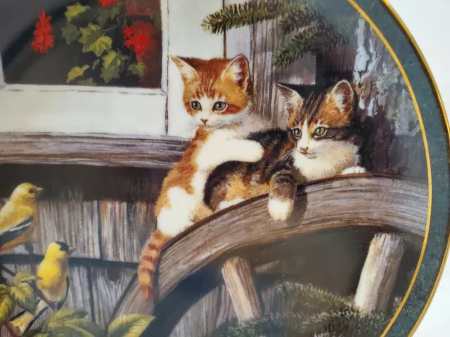 NOSY NEIGHBORS Cat Kitten Plate SURPRISE VISIT Bird Gold Finches By Persis Weirs 2