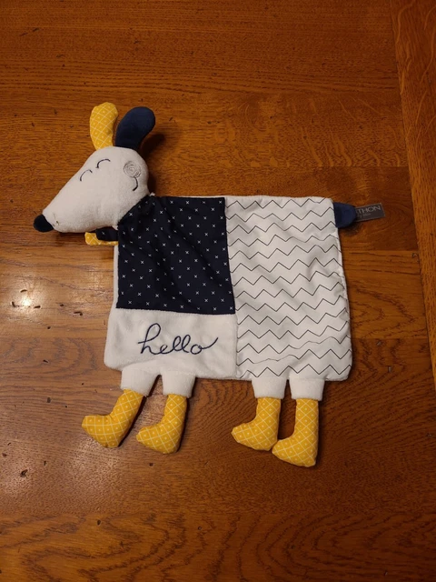 Doudou Plat Sauthon Chien Blanc Bleu Jaune  Hello État Neuf Jamais Utilisé