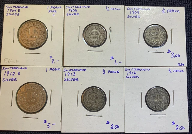 6 Switzerland Silver coins 1904B, 1912B 1 Franc & 1906, 1909, 1913, 1916 1/2 Frc