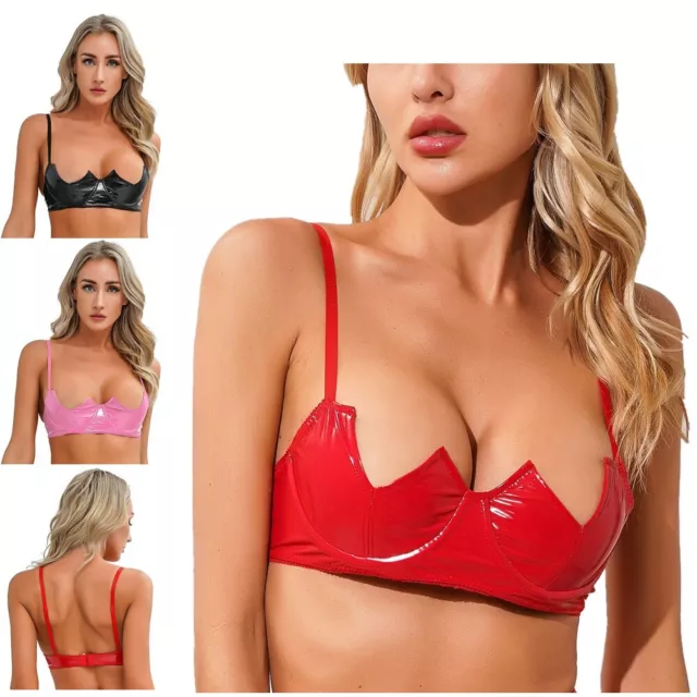 Women Glossy Patent Leather 1/4 Cups Bralette No Padded Underwire