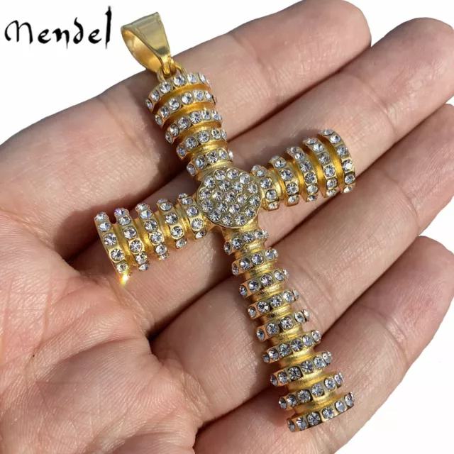 MENDEL Mens Stainless Steel Gold Plated Bling CZ Hip Hop Cross Pendant Necklace