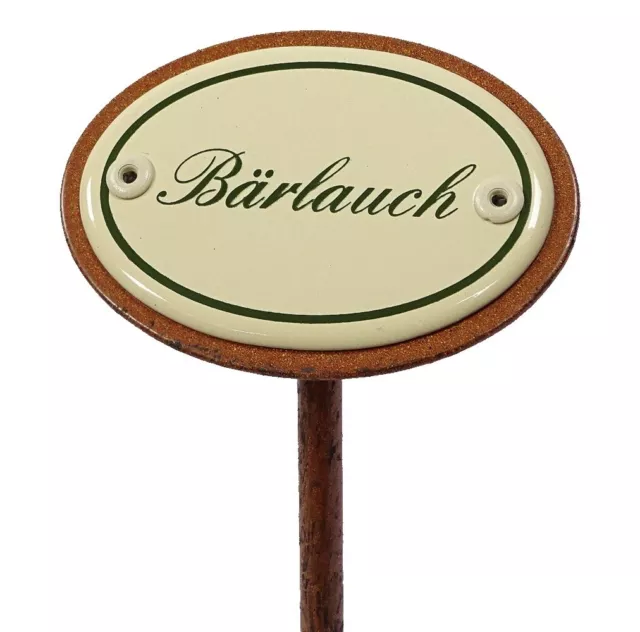 Kräuterschild Bärlauch, Emaille Kräuterstecker, Beetstecker mit Erdspieß 25 cm