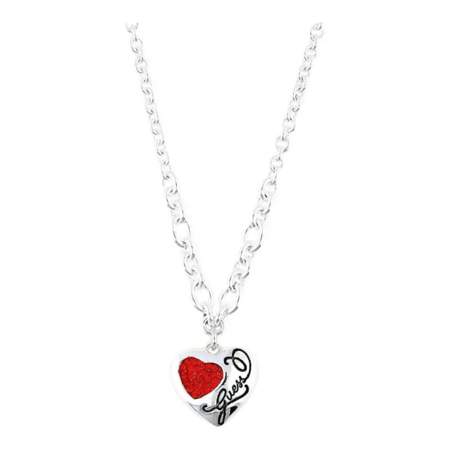 Guess Jewelry UBN12011 Women's Silver Stainless Steel Red Heart Charm Necklace