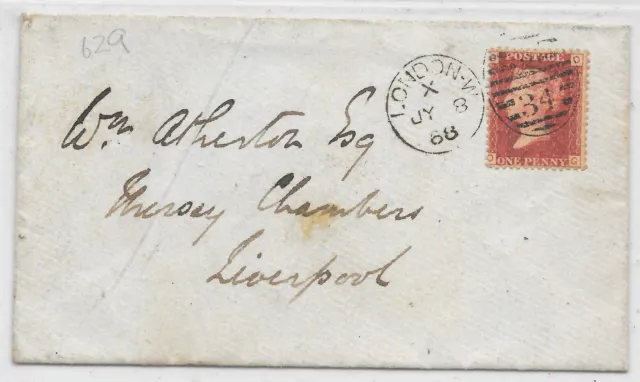 GB Queen Victoria 1d Red  on 1868 Cover to Liverpool (629)