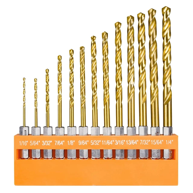 Drill Bit Set 13 Piece Twist Hex Shank Quick Change High Speed Steel Titanium Co