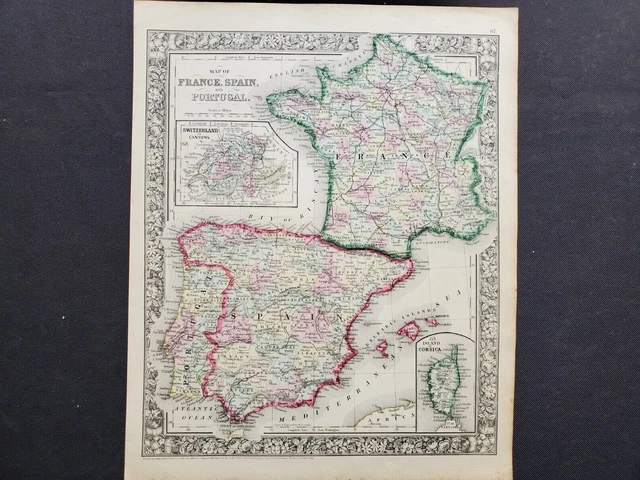 1862 Mitchell Map France Spain Portugal - Original Antique