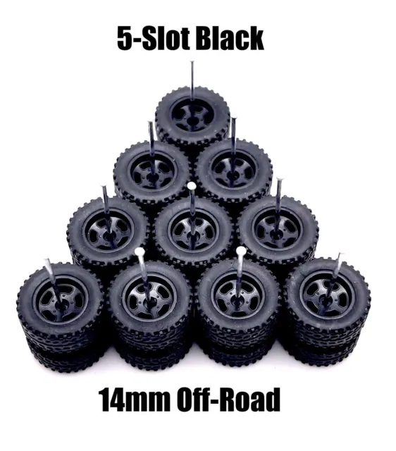 5x Sets Black 5 Slot 14mm OFF ROAD Real Rider Wheel W/ Rubber 1/64 H0T Wheelz