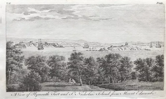 1776 Antique Print; Plymouth Fort & St Nicholas's Island, Devon by Goadby