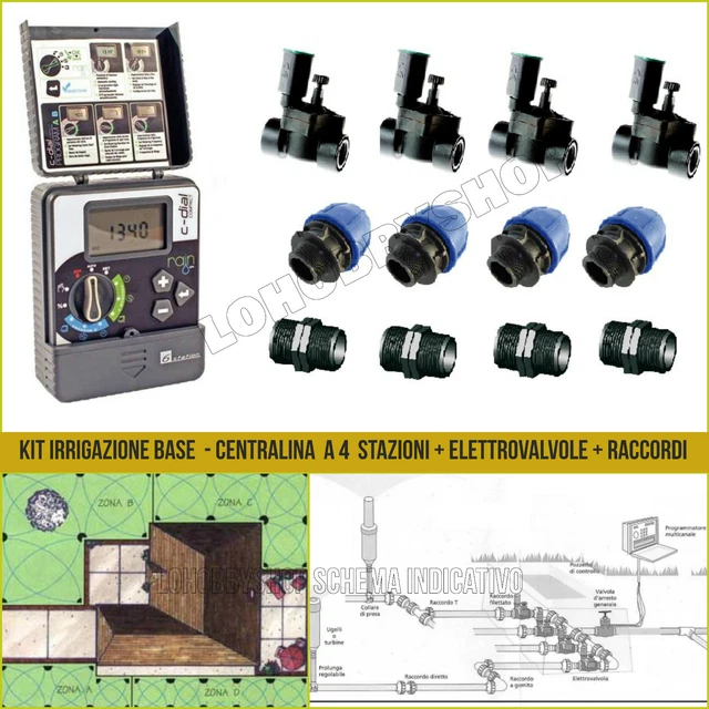 Kit irrigazione centralina Rain C-Dial 4 stazioni programmatore + elettrovalvole