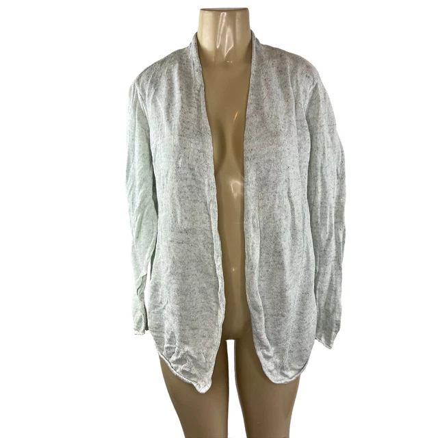 Eileen Fisher Linen Cardigan Sweater Size L Gray Knit Open Front Long Sleeve