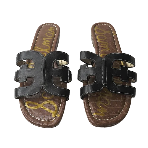 New Sam Edelman BAY Women's Leather Classic Slide Cut Out Sandals Flats BLACK
