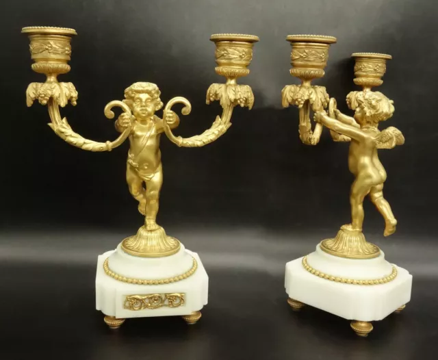 Pair Of Candleholders Putti Decor Louis Xvi Style 19Th - Bronze - French Antique