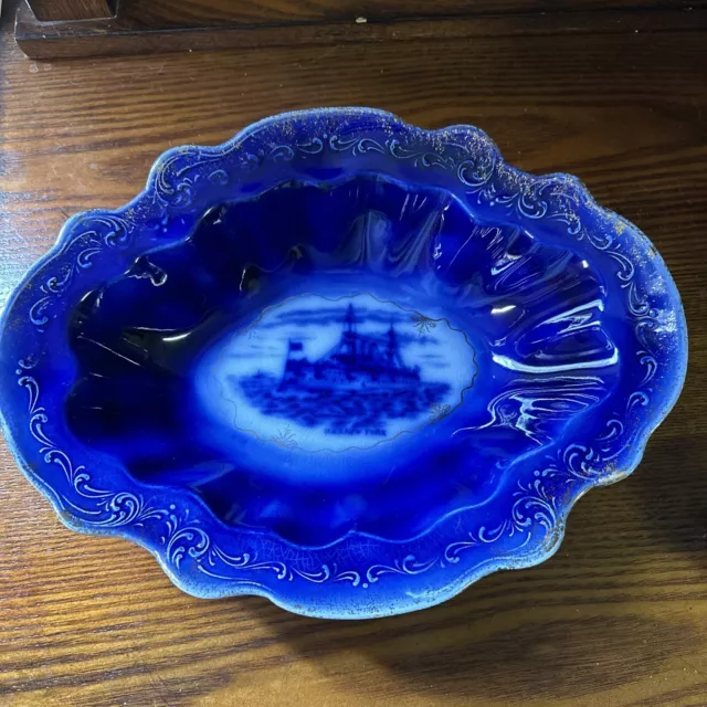 Antique Flow Blue Transfer ware Serving Bowl U.S.S. New York With Gold Trim 13”