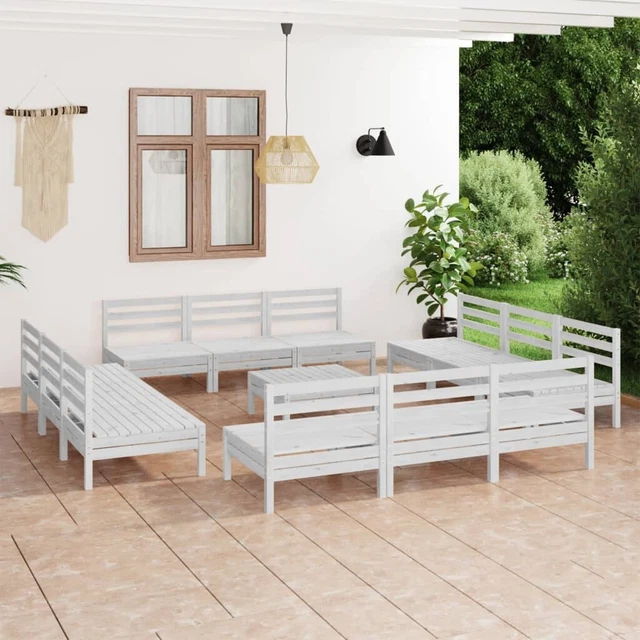 13-tlg. Garten-Lounge-Set Weiß Kiefer Massivholz