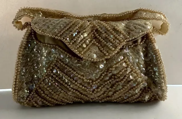 Vintage MM Kane Beaded Sequin Evening Purse Bag Clutch Pearls Made in Japan Flaw