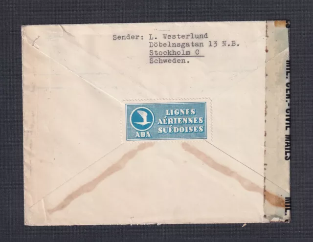 Sweden 1947 ‘Aba' Label On Censored Airmail Cover Stockholm To Vienna Austria
