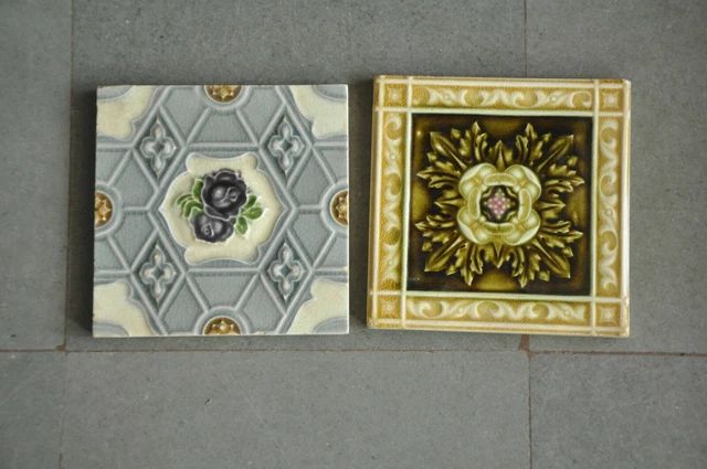 2 Pc Vintage Flowers Embossed Figurine Colorful Ceramic Tiles, England