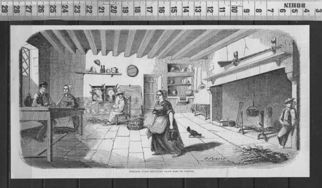 G363 / Gravure 1868 /  Interieur D Une Habitation Rurale Dans Les Landes