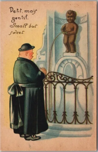 BRUSSELS Belgium Comic Greetings Postcard MANNEKEN PIS "Small but Sweet" Priest
