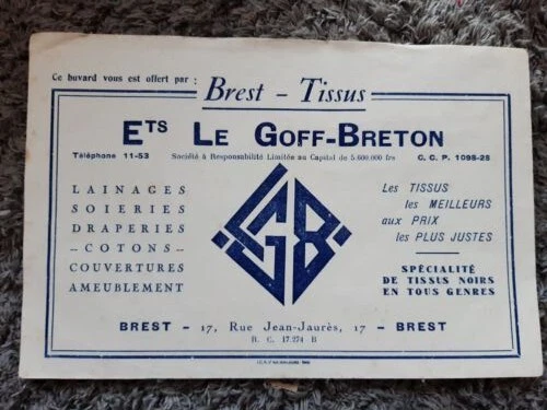 BUVARD publicitaire - "  le Goff Breton " - BREST - Tissus - lainages - cotons -