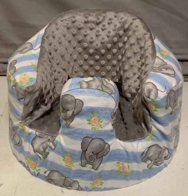 New Bumbo Floor Seat COVER • Baby Elephants w/Blue Stripe • Safety Strap Ready