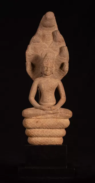 Antique Dvaravati Style Thai Stone Naga Meditation Buddha - 58cm/23"