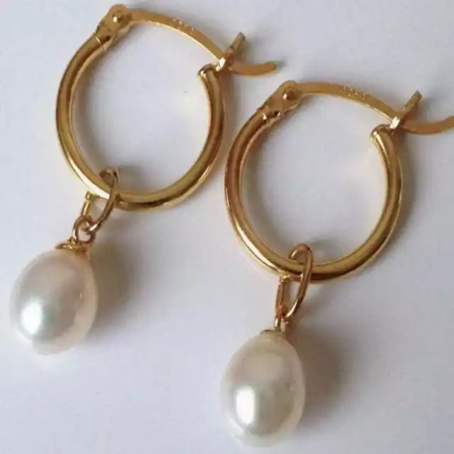 Natural AAA 11-12mm South Sea White Drops Pearl Dangle Earrings Gold Hoop