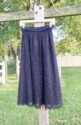 Gunne Sax Skirt by Jessica McClintock Midi Skirt Vintage 80s Black Lace goth 7