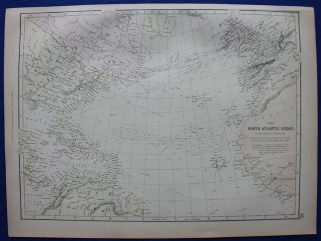 NORTH ATLANTIC OCEAN, GNOMONIC PROJECTION, original antique map, Blackie, 1884