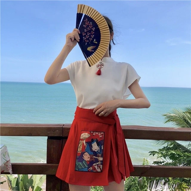 Lady Japanese Kimono Dress Retro Top Ukiyo-e Pleated Skirts Strappy Skirt Chic