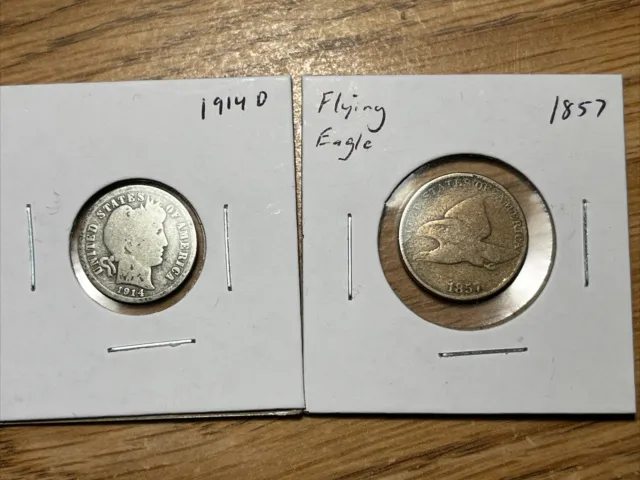old coin lot: 1857 Flying Eagle cent and 1914 D Barber 10c